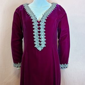 Vtg Velvet Dress Silver Braid Rhinestone Trim